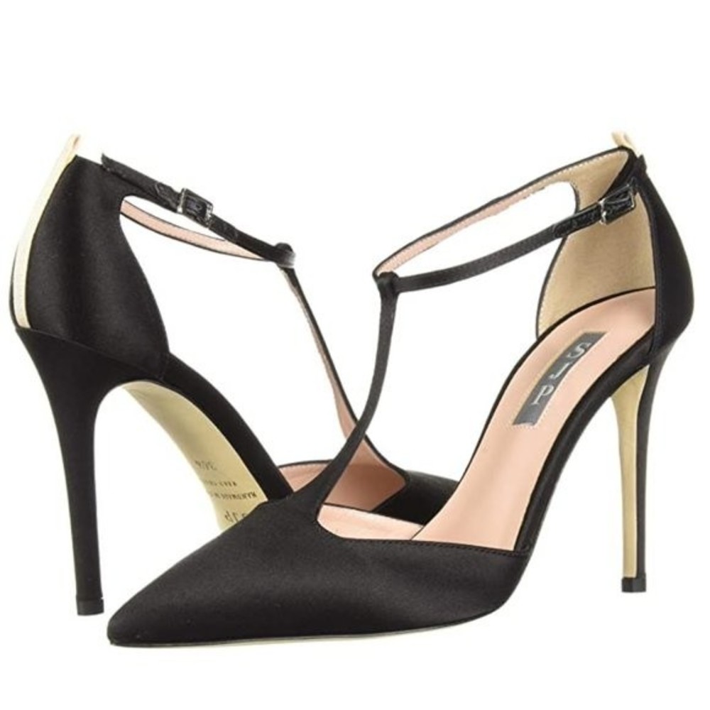 SJP Sarah Jessica Parker Taylor Black T-Strap Stiletto Point Toe Heels Pumps NEW